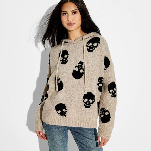 Grayson Threads Sweaters - Women's Skulls Hooded Graphic Pullover Sweater - Beige L